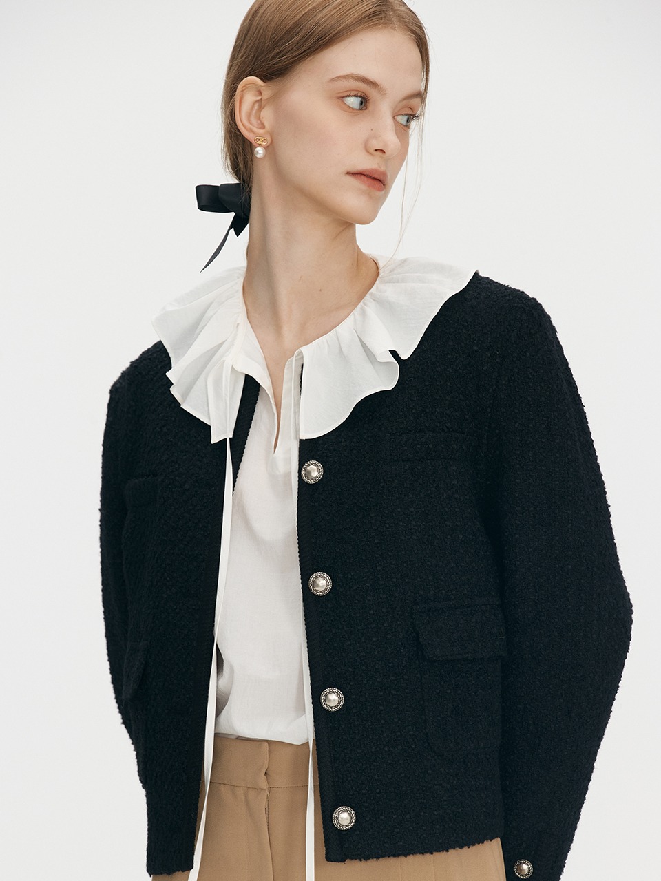 Trimming wool tweed jacket - Black