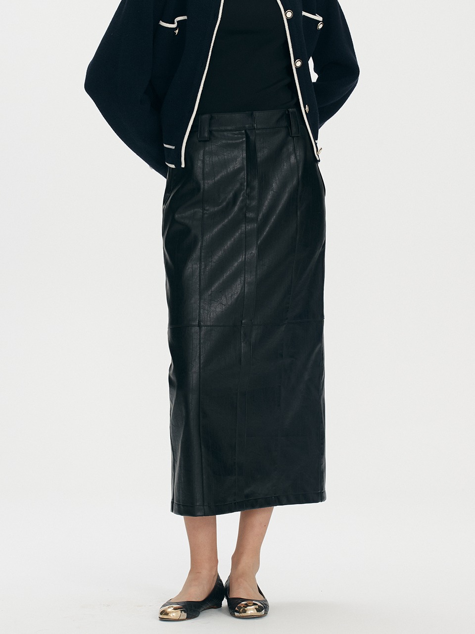 Fake leather stitch long skirt - Black