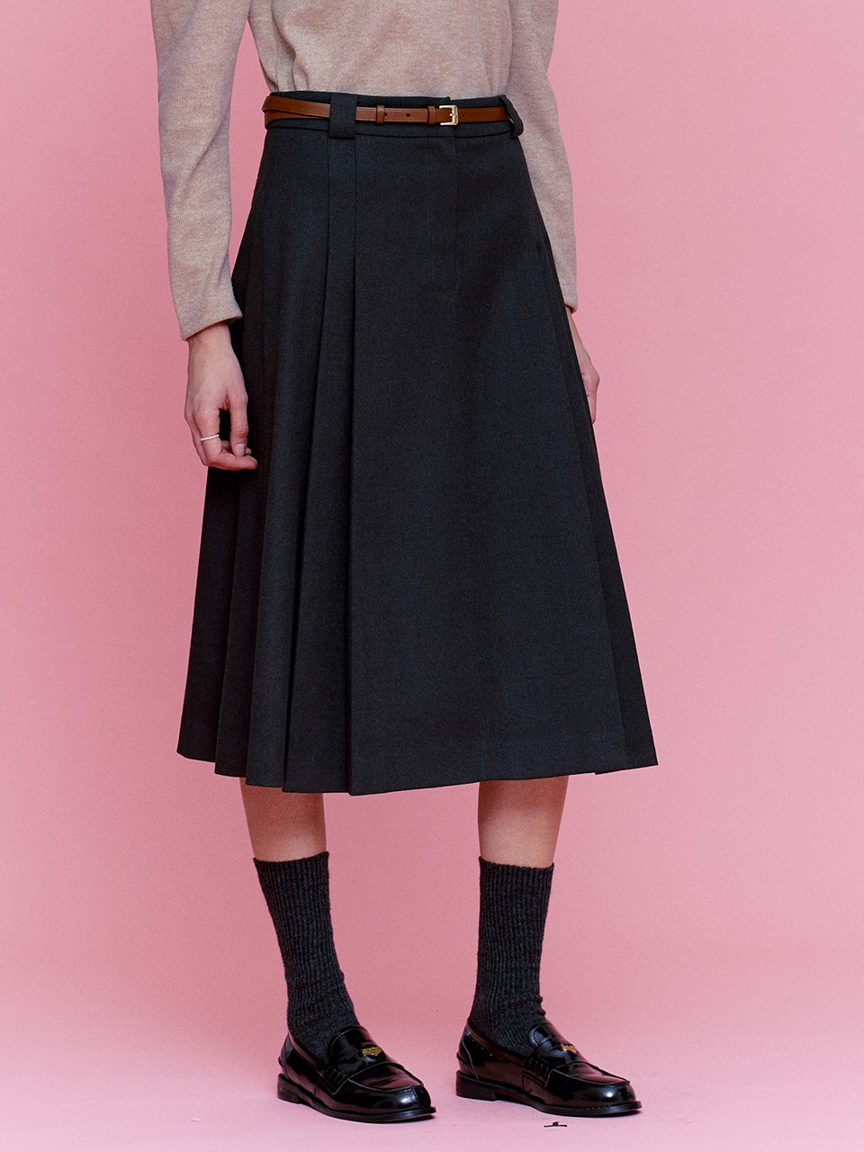 Side pleated midi skirt - Charcoal